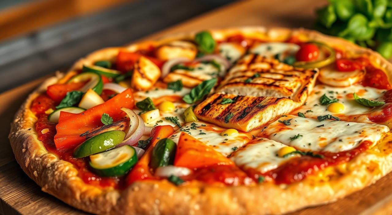 Healthy Low Carb Pizzas for Diabetes Management 1 Diabetic-friendly pizza with cauliflower crust topped with colorful vegetables and grilled chicken on a wooden table. diabetic-friendly pizza