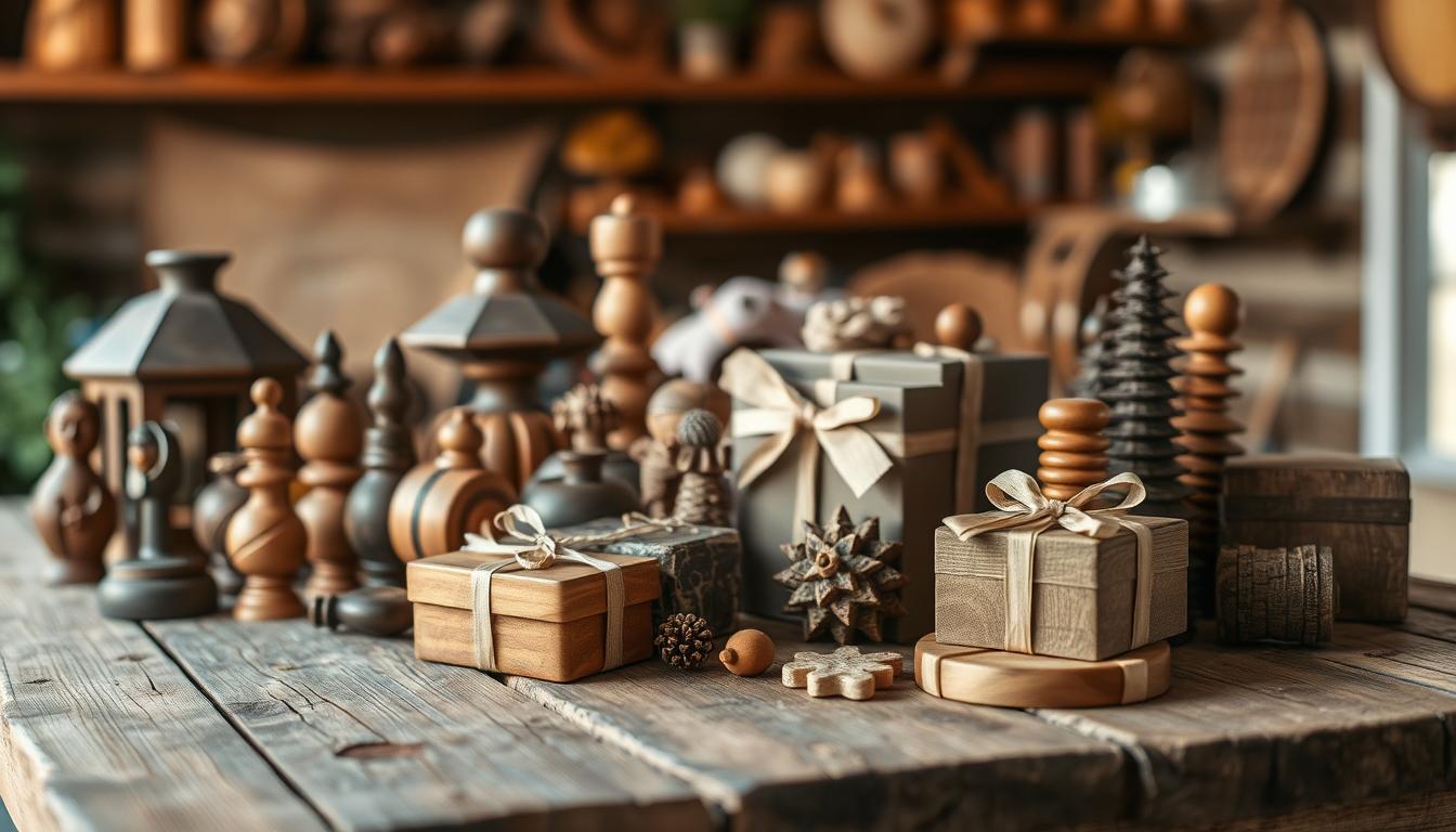 High-quality, handcrafted wooden gifts arranged artistically on a rustic tabletop with warm lighting. A variety of unique, intricate woodworking projects showcase the skilled craftsmanship, from carved figurines to functional home decor. The scene conveys a sense of warmth, authenticity, and the personal touch of homemade items. The image should capture the beauty and thoughtfulness of these one-of-a-kind, handmade wooden creations against a slightly blurred, natural background.