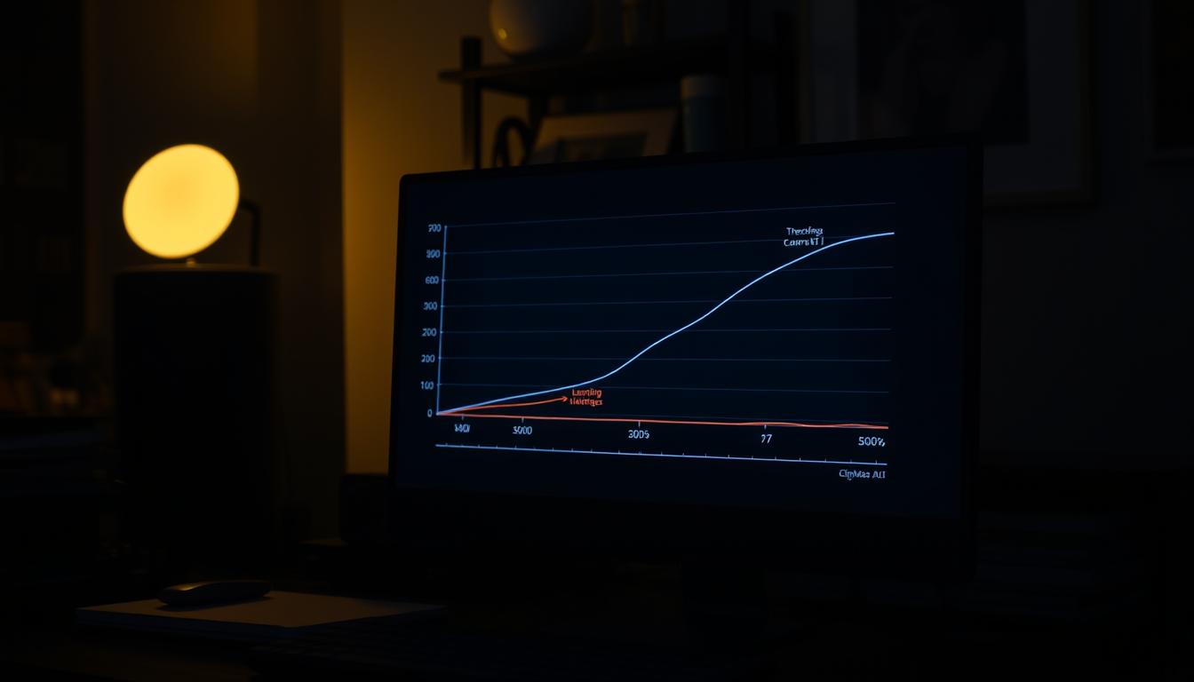 A dimly lit home office, the glow of a computer screen casting a soft light across the cluttered desk. On the screen, a graph depicting the learning curve of "ClipsMate AI", a powerful video editing tool. The chart shows a steady incline, with occasional plateaus and dips, representing the challenges and triumphs of mastering this innovative technology. In the background, a sense of contemplation and a hint of frustration, as the user grapples with the notable limitations and cons of the AI-driven system. The image conveys the nuanced journey of understanding and adapting to the evolving capabilities of "ClipsMate AI", a critical component of the effortless video editing solutions it provides.
