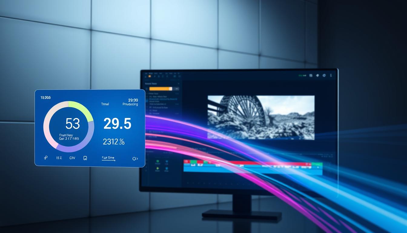 A sleek, modern video editing software interface, showcasing vibrant visual representations of processing speed. In the foreground, a dynamic display with real-time metrics and performance indicators, such as frames per second, rendering times, and AI-powered optimization levels. The middle ground features a high-resolution preview window, displaying a complex video project being seamlessly processed by the ClipsMate AI system. The background is characterized by a minimalist, technology-inspired aesthetic, with subtle grid patterns and muted tones that evoke a sense of efficiency and precision. Soft, directional lighting illuminates the scene, creating depth and highlighting the software's intuitive controls and user-friendly design.