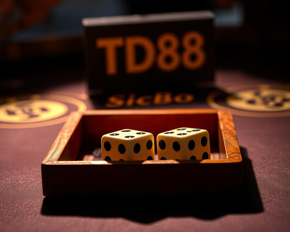 A detailed, high-resolution image of three classic Sic Bo dice in a wooden gaming tray, casting shadows on a dimly lit table with a TD88 logo in the background. The dice are showcased in crisp focus, with accurate textures and highlights, capturing the tactile quality of the game pieces. The scene is illuminated by warm, natural lighting that creates a sense of depth and atmosphere, evoking the experience of playing Sic Bo at a casino or gaming establishment. The overall composition emphasizes the importance of probability and chance in the game, hinting at the strategies discussed in the "Giới thiệu về Sic Bo và nền tảng xác suất" section.