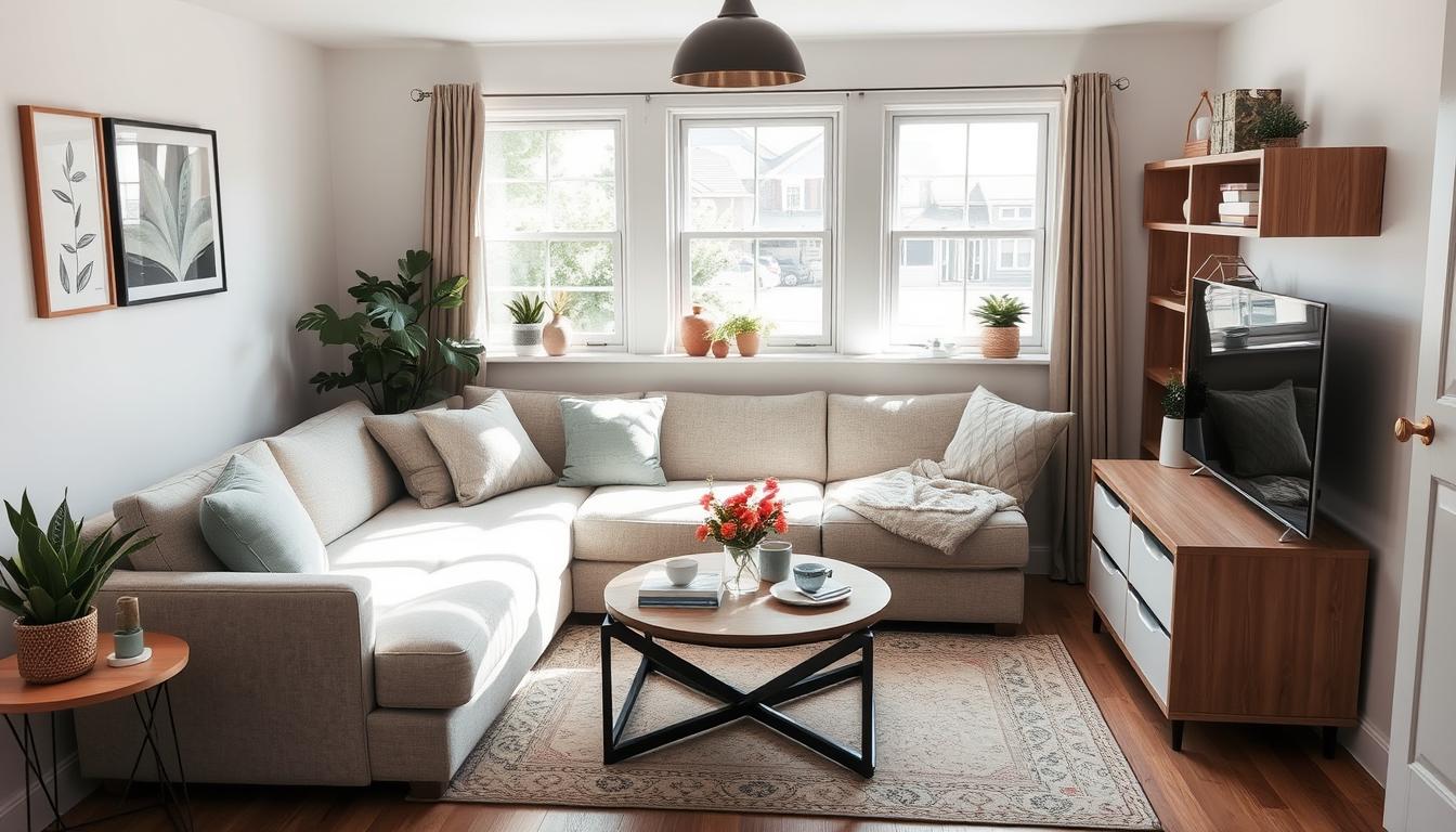 Sala pequena decorada com sofá retrátil perfeitamente integrado ao ambiente