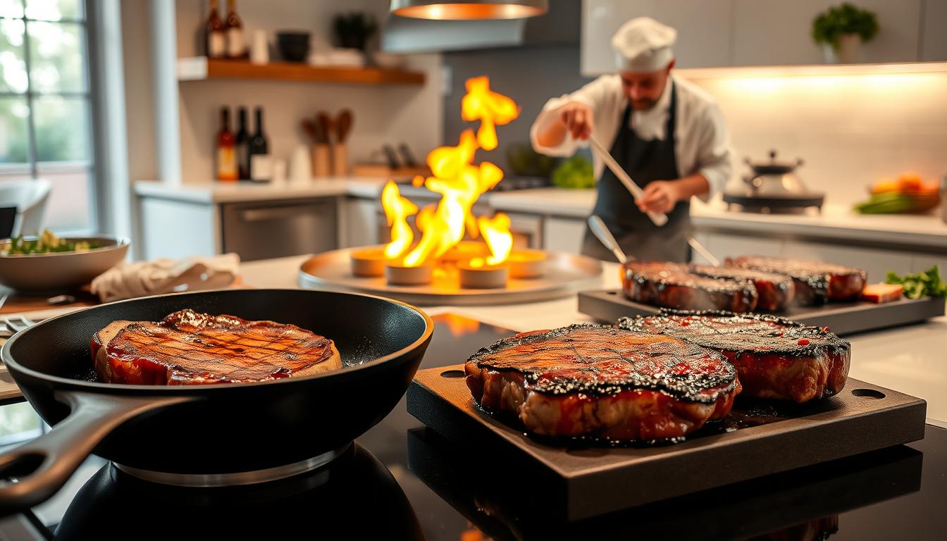 A well-lit indoor kitchen, showcasing an array of Entrana steak preparation methods. In the foreground, a cast-iron skillet sizzles with a perfectly seared Entrana steak, its edges caramelized to a golden brown. Nearby, a sous vide water bath gently cooks another cut of Entrana, ensuring a tender and evenly cooked interior. In the middle ground, a wood-fired grill emits fragrant smoke, as a chef expertly bastes an Entrana steak, creating a mouthwatering, charred crust. The background features a modern kitchen counter, with various seasonings, herbs, and tools used to elevate the Entrana steak experience. The scene exudes a sense of culinary mastery and the diverse techniques available for cooking Entrana steak in the comfort of one's own home.