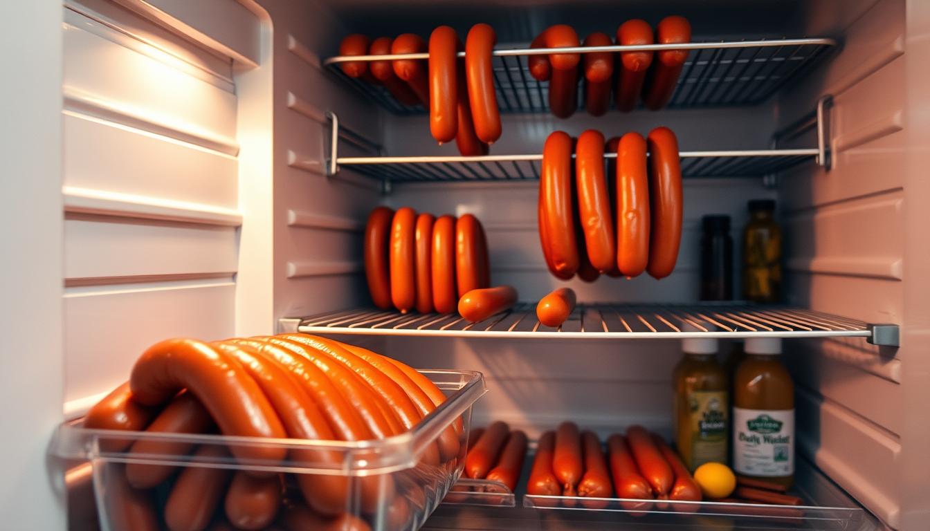 A neatly organized refrigerator interior, shelves stocked with rows of plump, juicy beef bratwurst sausages. Soft, neutral lighting casts a warm glow, highlighting the rich, caramelized hues of the meat. In the foreground, a clear plastic storage container holds several brats, their casings glistening. The middle ground showcases a wire rack system, each level dedicated to different storage methods - some brats are hung by their links, others resting on perforated trays. The background features various condiments and spices, hinting at the flavorful preparations to come. A sense of culinary precision and careful preservation pervades the scene, setting the stage for enjoying these premium beef brats at their peak.