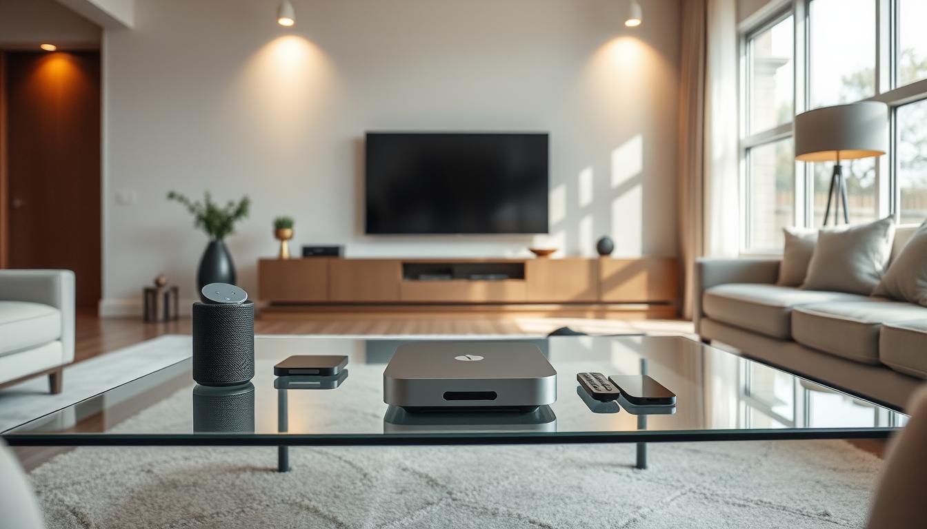 A modern, minimalist home entertainment setup featuring a sleek IPTV streaming device prominently displayed on a glass-top coffee table. The device is surrounded by a clutter-free arrangement of complementary smart home accessories like a voice assistant, wireless charging pad, and remote controls. Soft, diffused lighting from concealed fixtures creates a warm, inviting ambiance. The room is decorated in neutral tones with clean lines and geometric shapes, conveying a sense of technological sophistication. Large windows allow natural light to flood the space, giving it an airy, expansive feel. The overall scene exudes a mood of seamless, effortless connectivity and digital living.