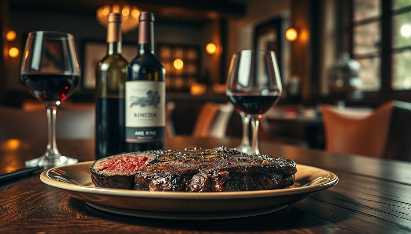 A cozy, dimly lit restaurant setting with a refined, rustic ambiance. On a wooden table, a bottle of full-bodied red wine, a pair of wine glasses, and a plate showcasing a rare, juicy steak with a crisp, caramelized exterior. Arrange the scene to create an inviting, sensory-rich atmosphere that evokes the perfect pairing of rare steak and expertly selected wine. Use soft, warm lighting to highlight the textures and colors, and capture the elegant, sophisticated mood of the dining experience. Emphasize the attention to detail and the craftsmanship involved in curating this sublime culinary pairing.