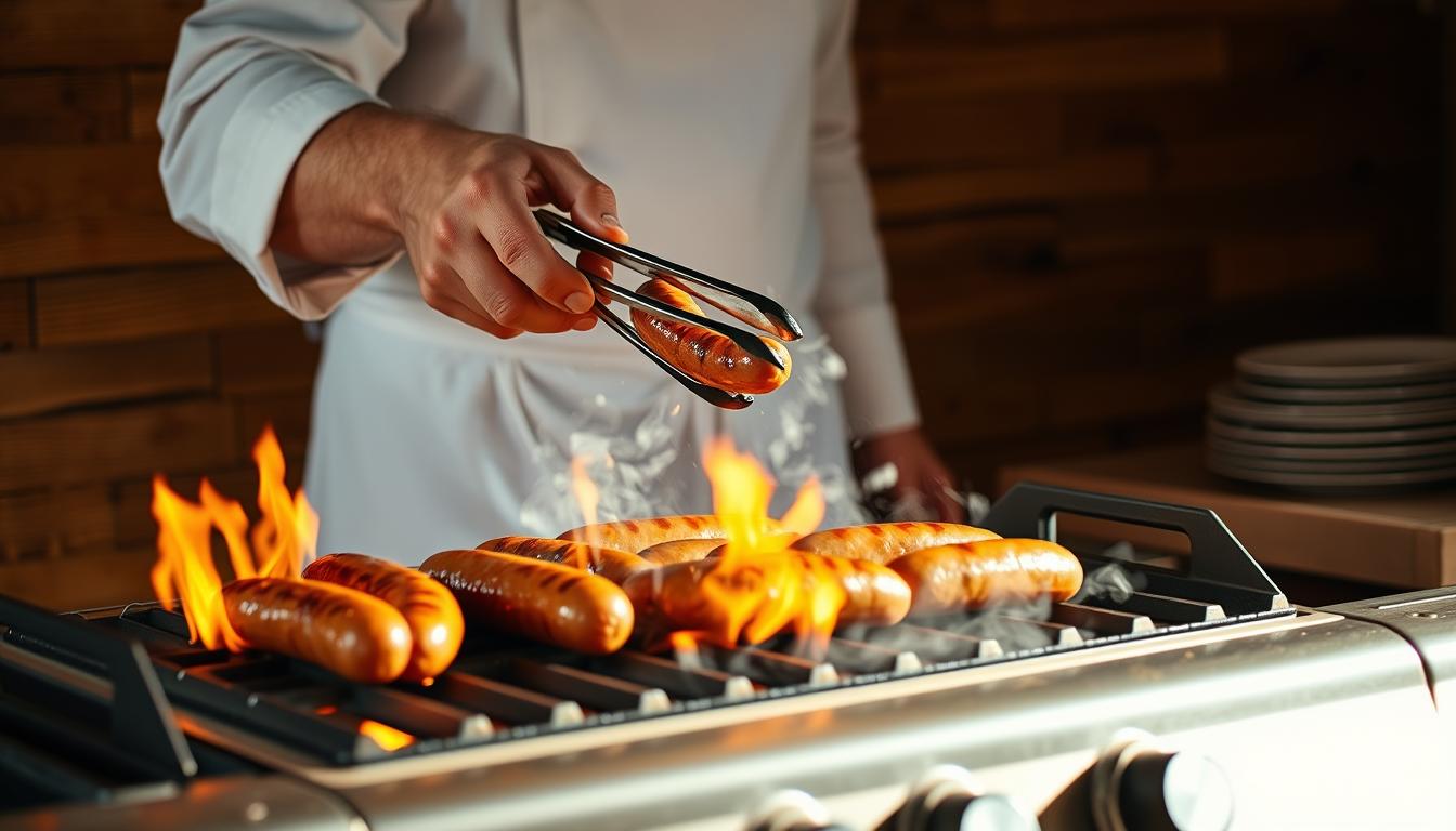 A professional chef demonstrating expert grilling techniques for juicy, perfectly-seared beef brats. The scene is set against a rustic, wood-paneled backdrop, with a gas grill prominent in the foreground, its flames licking up around the sizzling sausages. The chef, wearing a crisp white apron and wielding tongs, is captured in mid-motion, carefully rotating the brats to achieve an even, golden-brown char. Warm, directional lighting casts dramatic shadows, heightening the sense of culinary mastery. The overall mood is one of confidence, precision, and the mouthwatering anticipation of a delicious summer barbecue.