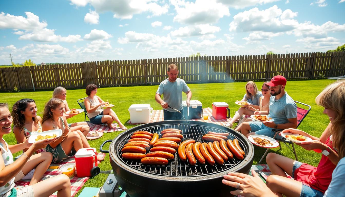 A lively backyard cookout scene, with a large grill at the center sizzling with juicy beef bratwurst. The foreground features a group of friends and family gathered around, plates in hand, eagerly awaiting their grilled sausages. Colorful picnic blankets, lawn chairs, and coolers dot the scene, creating a relaxed, festive atmosphere. The middle ground showcases the grill master, tongs in hand, carefully tending to the bratwurst as they char to perfection. In the background, a lush green lawn leads the eye to a wooden fence, beyond which a clear blue sky with fluffy white clouds completes the idyllic summer setting. Warm, natural lighting bathes the entire scene, capturing the joy and camaraderie of a true beef bratwurst cookout party.