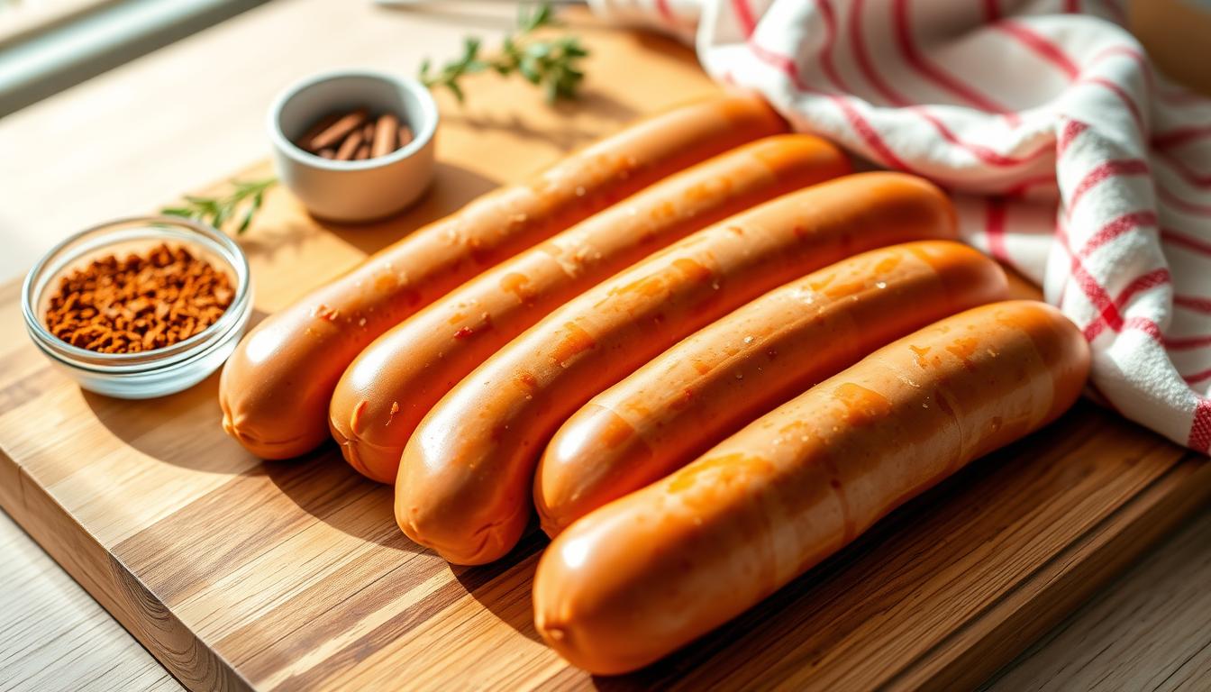 Crisp, well-lit image of a set of beef bratwurst sausages arranged neatly on a wooden cutting board. The sausages have a rich, golden-brown color and are accompanied by a small bowl of spices, a meat thermometer, and a clean kitchen towel. The scene is bathed in soft, diffused natural light, creating a warm, inviting atmosphere. The focus is sharp, capturing the intricate texture and sheen of the bratwurst casings. The composition is balanced, with the items arranged in a visually pleasing layout that emphasizes the bratwurst as the central subject. The overall impression is one of care, attention to detail, and the preparation for properly storing and preserving high-quality beef bratwurst.