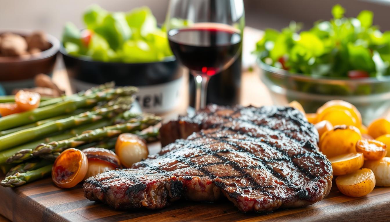 A lavish spread of complementary side dishes and pairings for a perfectly grilled Entrana steak, bathed in a warm, inviting light. In the foreground, a selection of roasted vegetables - tender asparagus spears, caramelized onions, and crisp-edged potatoes - arranged artfully on a rustic wooden board. In the middle ground, a glass of robust red wine, its deep ruby hue reflecting the rich, beefy aroma of the steak. In the background, a lush, verdant salad, its vibrant greens and delicate herbs providing a refreshing contrast. The overall scene exudes an air of sophisticated, yet homely, culinary indulgence, inviting the viewer to savor the perfect pairing of the Entrana steak and its carefully curated accompaniments.