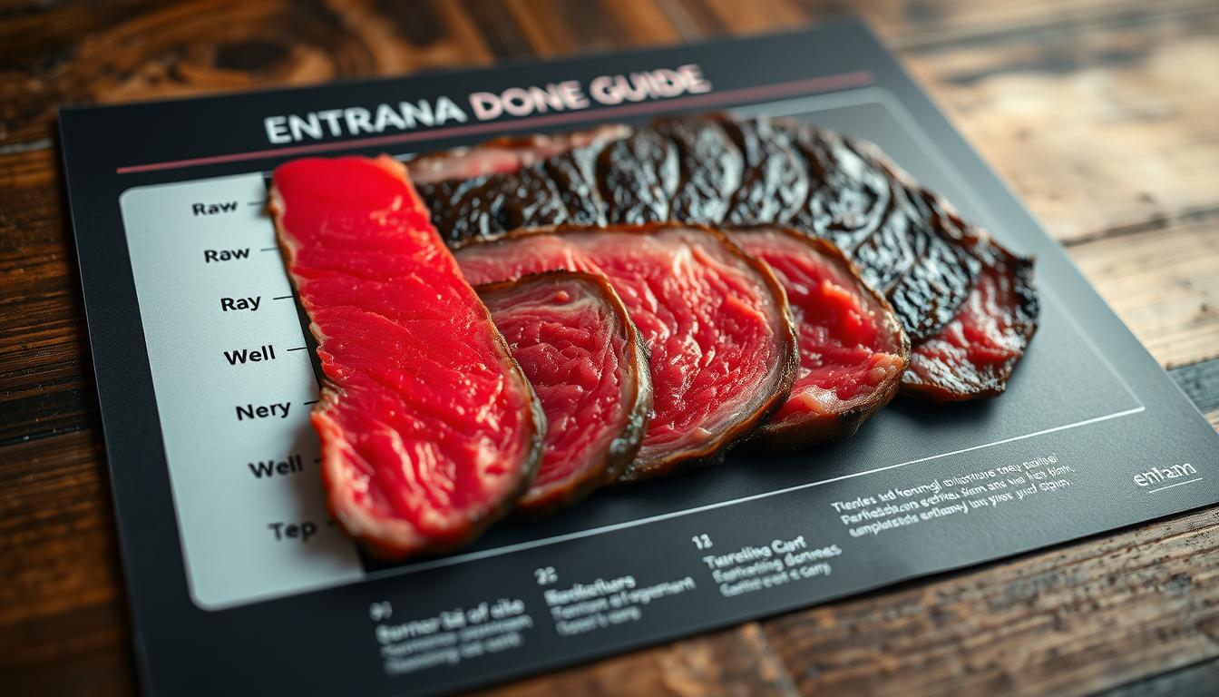 A close-up view of an Entrana steak doneness guide, presented on a rustic wooden surface. The guide features a visually striking gradient of steak doneness, from raw on the left to well-done on the right, each slice showcasing the distinct color, texture, and juiciness at that level of cooking. The lighting is warm and natural, highlighting the tender, marbled meat and creating a mouthwatering atmosphere. The image conveys a sense of expertise and precision, guiding the viewer through the optimal temperatures and timing to achieve the perfect Entrana steak at home.