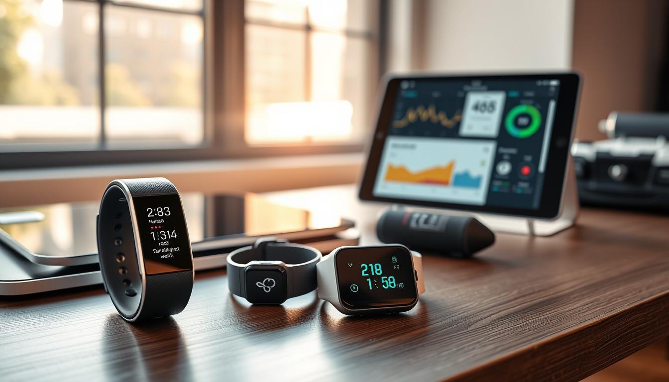 digital health tracker gadgets on a desk