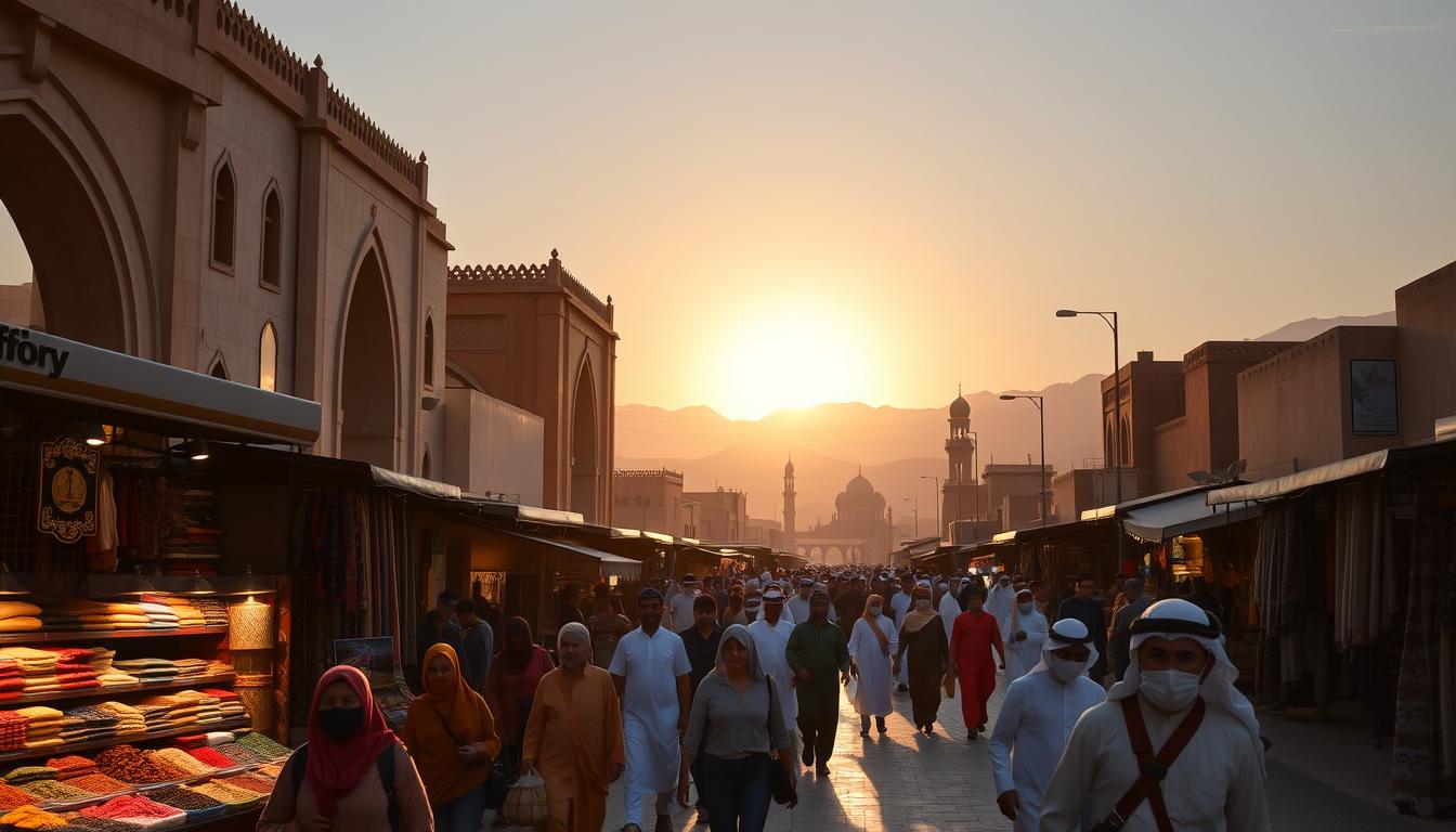 A busy street in a traditional Saudi Arabian city, illuminated by the warm glow of the sun. In the foreground, locals and tourists navigate the bustling marketplace, browsing vibrant displays of spices, textiles, and handicrafts. In the middle ground, towering archways and ornate buildings reflect the region's rich architectural heritage. In the background, the silhouettes of desert dunes and rugged mountains create a stunning natural backdrop. The scene exudes an air of adventure and cultural immersion, capturing the essence of travel in the Kingdom. "مدونة السياحة الحديثة"