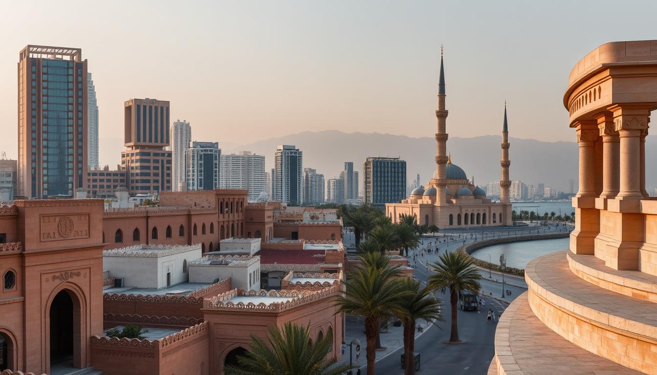 An ancient city nestled between the Red Sea and the Sarawat Mountains, Jeddah showcases a captivating blend of traditional and modern architecture. Set against a backdrop of towering skyscrapers, the Al Balad historic district exudes an air of timeless charm, with its vibrant souks, intricate coral stone buildings, and ornate doorways. The Jeddah Corniche, a scenic waterfront promenade, invites visitors to stroll along the azure waters, past the iconic King Fahd's Fountain and the haunting Al-Rahma Mosque, its minaret silhouetted against the setting sun. This cosmopolitan city, the "Gateway to the Two Holy Mosques," is a testament to Saudi Arabia's rich cultural heritage and artistic legacy, as captured in the artistic vision of "مدونة السياحة الحديثة".