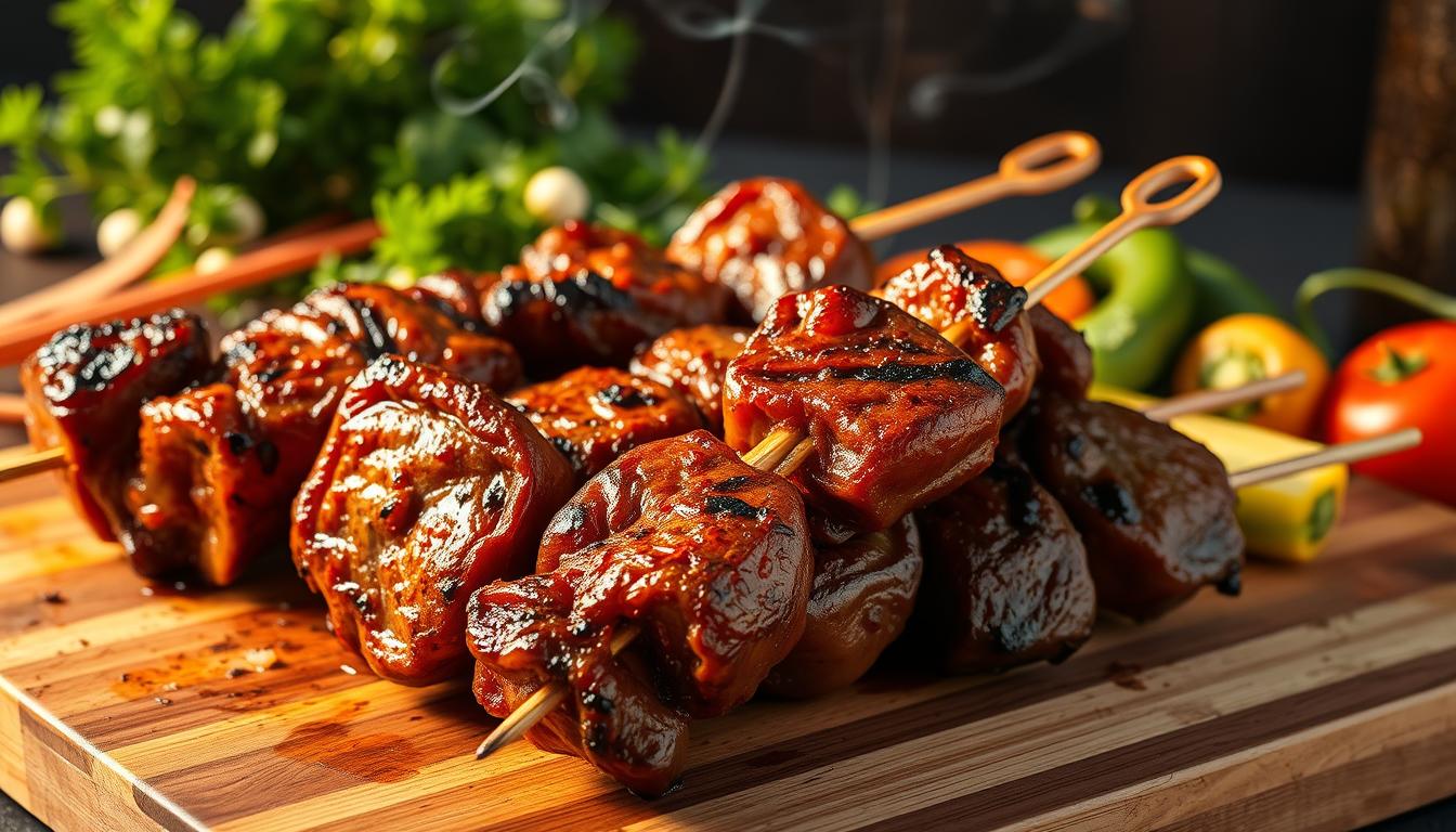 Sizzling grilled beef heart skewers, char-kissed and glistening, arranged on a wooden cutting board. The juicy, tender heart morsels are marinated in a savory mix of garlic, soy sauce, and brown sugar, creating a mouthwatering balance of sweet and umami. Wisps of aromatic smoke curl upward, hinting at the delectable flavors that await. Crisp, charred edges contrast with the succulent interior, inviting the viewer to imagine the caramelized crust and juicy, beefy bite. The skewers are set against a backdrop of lush, green herbs and vibrant vegetables, evoking the spirit of an outdoor grilling session. Warm, golden lighting casts a rustic, al fresco ambiance, perfectly capturing the essence of this savory, flame-kissed dish.