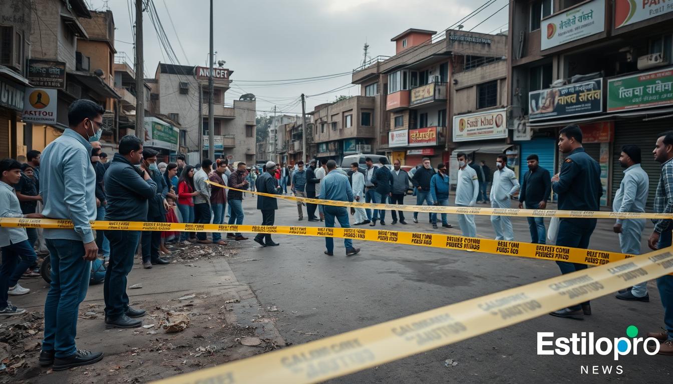 detailed crime scene investigation in meerut, showing impact on local community, people gathered in sombre mood, police and forensic teams combing the area, yellow caution tape marking off the site, buildings and shops in the background, overcast sky with moody lighting, sense of somber reflection on the tragedy, Estilopro news logo visible in the lower corner