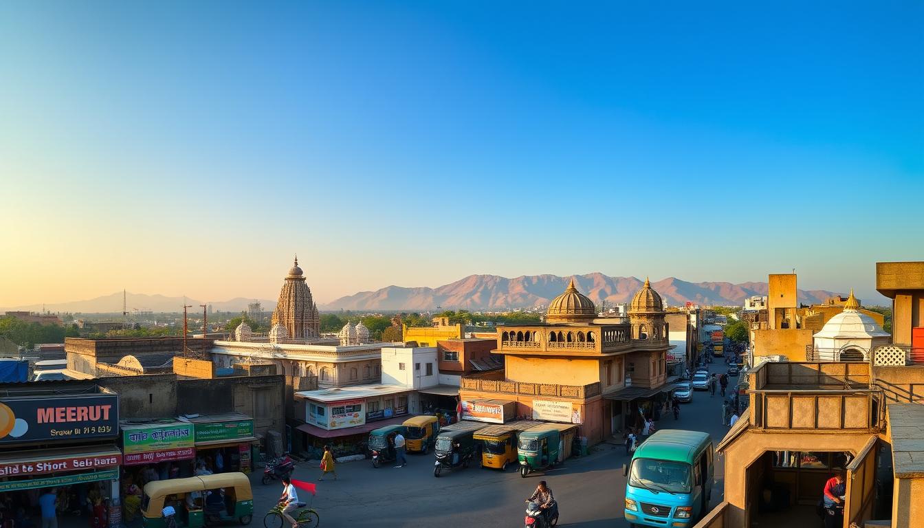 A panoramic cityscape of Meerut, India, captured through the lens of a high-quality DSLR camera. In the foreground, a bustling street scene with vibrant shops, rickshaws, and pedestrians. The middle ground showcases Meerut's iconic architecture, including ornate temples and colonial-era buildings. In the distant background, the silhouettes of the Shivalik Hills rise majestically, bathed in warm, golden light. The scene conveys the energy and character of Meerut, a city steeped in history and culture. Estilopro news.