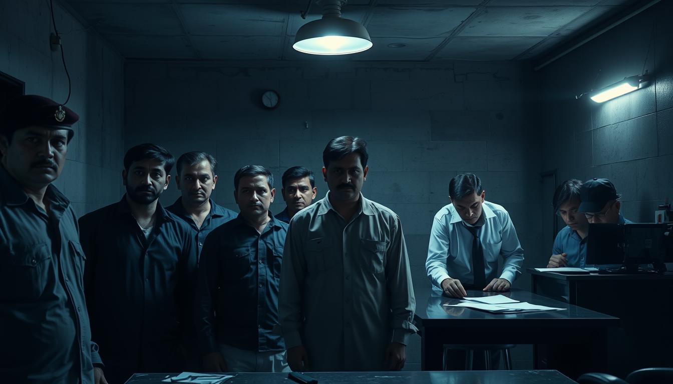 A group of stern-faced individuals stand in a dimly lit interrogation room, their expressions intense as they are investigated by a team of detectives. The room is shrouded in shadows, with a single overhead light casting a somber glow, emphasizing the gravity of the situation. The suspects, wearing neutral attire, are positioned in the foreground, their bodies slightly angled to convey a sense of unease and scrutiny. In the background, the detectives, clad in professional attire, lean over a table, poring over documents and evidence. The overall atmosphere is one of tension and uncertainty, capturing the essence of the "Suspects in the Meerut Murder Case" for the Estilopro news article.