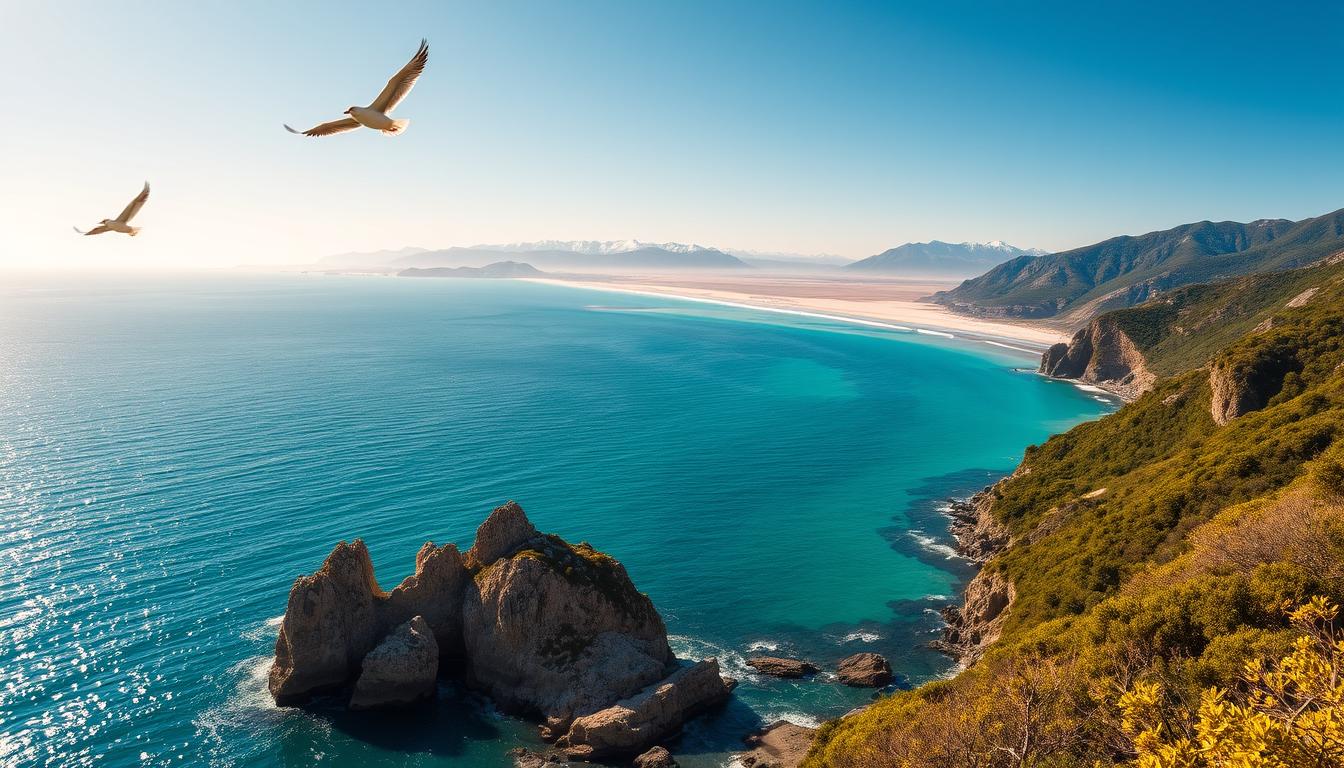 A panoramic coastal landscape, bathed in warm golden light. In the foreground, rugged cliffs and rocky outcroppings jut into the glistening turquoise waters of a secluded cove. Seabirds soar overhead, their graceful wings catching the salty breeze. Lush green foliage cascades down the hillsides, creating a picturesque contrast with the striking blue of the ocean. In the distance, a series of serene, sandy beaches stretch along the horizon, framed by towering, snow-capped mountains. The scene radiates a sense of tranquility and timeless beauty, capturing the essence of America's breathtaking coastal treasures.