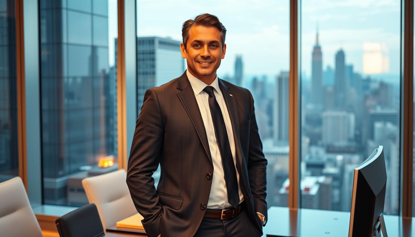 A vibrant, high-resolution photograph of a leading car accident attorney in New York City, standing confidently in a modern, well-appointed office. The attorney is dressed in a sharply tailored suit, projecting an air of professionalism and expertise. The background features floor-to-ceiling windows, offering a stunning view of the Manhattan skyline. Carefully positioned lighting casts a warm, subtle glow, highlighting the attorney's poise and attention to detail. The image conveys a sense of technological savvy, with a sleek desktop computer and tablet visible on the attorney's desk, suggesting the integration of cutting-edge tools and resources to serve clients effectively.