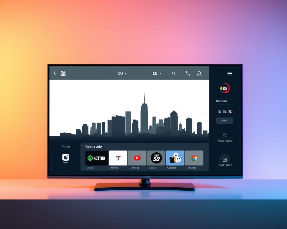 A modern, sleek digital streaming interface showcasing an online television channel &quot;canal televisão online&quot;. The foreground features a minimalist display with a high-contrast, responsive user interface, clean typography, and intuitive controls. The middle ground depicts a stylized landscape of cityscape silhouettes and high-rise buildings, representing the reach and accessibility of the online platform. The background is a subtly blurred, warm-toned gradient, creating a sense of depth and an inviting, premium atmosphere. The overall composition conveys a seamless, user-friendly experience for accessing live and on-demand television content through a cutting-edge digital platform.