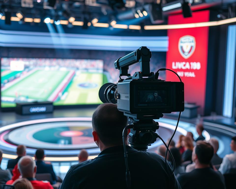 A captivating live broadcast set, with a global audience watching intently. In the foreground, a large, high-definition screen displays the ongoing match, its vibrant colors and sharp resolution drawing the viewer's eye. In the middle ground, a sleek, professional-grade camera setup, its lenses trained on the action, capturing every crucial moment. The background features a stylish, minimalist studio design, with clean lines, subdued lighting, and subtle branding elements that convey a sense of international reach and technological sophistication. The overall atmosphere is one of excitement, anticipation, and the thrill of a world-class sporting event unfolding in real-time, accessible to viewers across the globe.