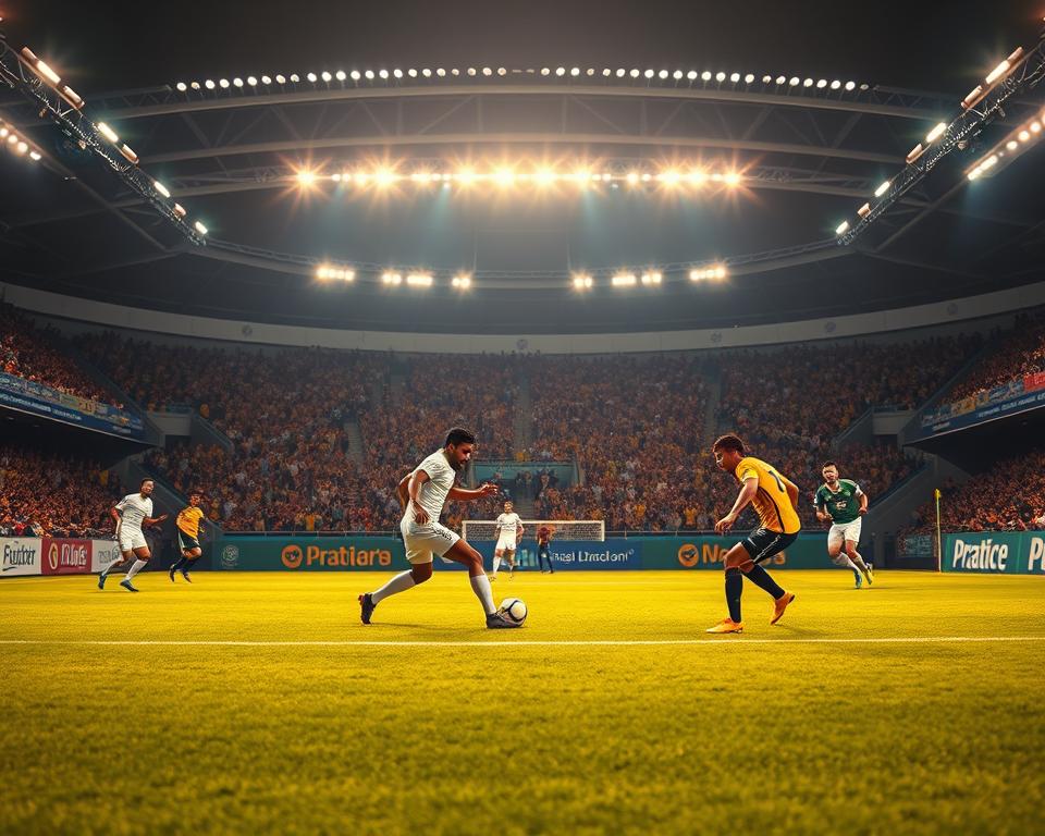 A dynamic live broadcast of a Brasileirão soccer match between Corinthians and Bahia, captured through a cinematic lens. In the foreground, a tense match action unfolds, with players battling for possession on a lush, verdant pitch. In the middle ground, a vibrant crowd cheers passionately, their fervent energy radiating through the frame. The background features a sleek, modern stadium with state-of-the-art lighting and camera angles, creating an immersive and visually striking atmosphere. The overall mood is one of electric excitement, with a sense of urgency and anticipation as the match reaches a critical moment. Warm, saturated tones and a cinematic depth of field enhance the cinematic quality of the scene, inviting the viewer to feel the pulsing energy of the live Brasileirão experience.