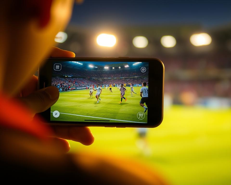 A smartphone screen displaying a live football match, the players moving with dynamic energy on the field. The camera angle is close-up, capturing the intense focus of the viewer as they engage with the game. The screen is bathed in a warm, golden glow, creating a cozy, intimate atmosphere. The background is blurred, emphasizing the centrality of the mobile device and the viewer's immersive experience. The overall composition suggests the convenience and accessibility of watching a football match on the go, perfectly encapsulating the section title &amp;quot;Como assistir Universitário x Palmeiras pelo celular&amp;quot;.