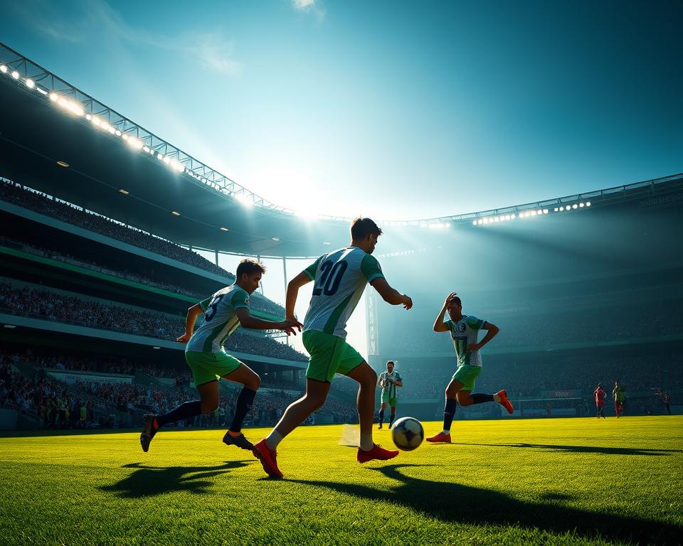A vibrant, high-definition image depicting a live university football match between Universitário and Palmeiras. The scene showcases the match taking place on a lush green pitch, with the stadium in the background featuring grandstands filled with cheering fans. Dramatic lighting casts deep shadows, creating a sense of intensity and anticipation. The players are captured in mid-action, their movements frozen in time, showcasing the skill and athleticism of the game. The overall atmosphere conveys the thrill and excitement of a high-stakes university football match.
