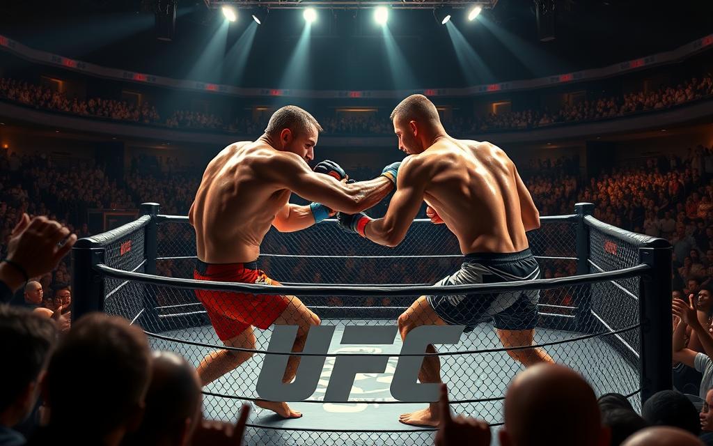 A high-energy, action-packed scene of a live UFC fight. In the octagonal ring, two muscular, determined fighters clash in an intense grappling match, their bodies glistening with sweat under bright spotlights. The crowd roars with excitement, creating an electric atmosphere. In the foreground, the mptutoriais logo is subtly visible, while the background features a Pixar-esque, richly detailed rendering of the fight venue, with spectators filling the stands and the ring surrounded by a modern, futuristic design.
