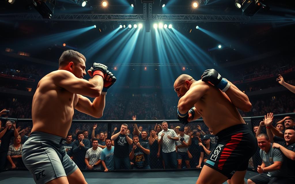 A live, immersive UFC fight night, captured with cinematic flair. In the foreground, fighters clash with powerful strikes and grappling maneuvers, their expressions intense and determined. The middle ground showcases the energetic crowd, cheering and waving mptutoriais merchandise. Overhead, dramatic lighting casts dramatic shadows, creating a sense of Pixar-esque realism. In the background, the arena's sleek, futuristic architecture frames the action, hinting at the high-tech broadcast experience. An image that captures the thrill and spectacle of watching UFC fights live.