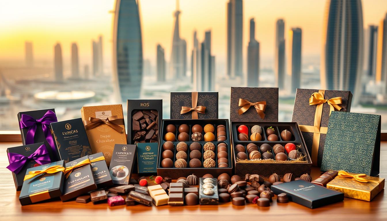 A luxurious display of artisanal Dubai chocolate gifts, meticulously arranged on a warm wooden table. In the foreground, a variety of decadent chocolate bars in rich, vibrant hues, each wrapped in sleek, high-quality packaging. In the middle ground, an assortment of truffles, pralines, and chocolate-dipped fruits, presented in elegant gift boxes with intricate patterns and gold accents. The background features a softly blurred cityscape of Dubai's iconic skyscrapers, bathed in the warm glow of the setting sun, creating a sense of opulence and indulgence. The lighting is soft and diffused, accentuating the sheen and texture of the chocolates, while the composition is balanced and visually appealing, inviting the viewer to imagine the delectable flavors and the perfect occasion to gift these luxurious Dubai chocolate selections.