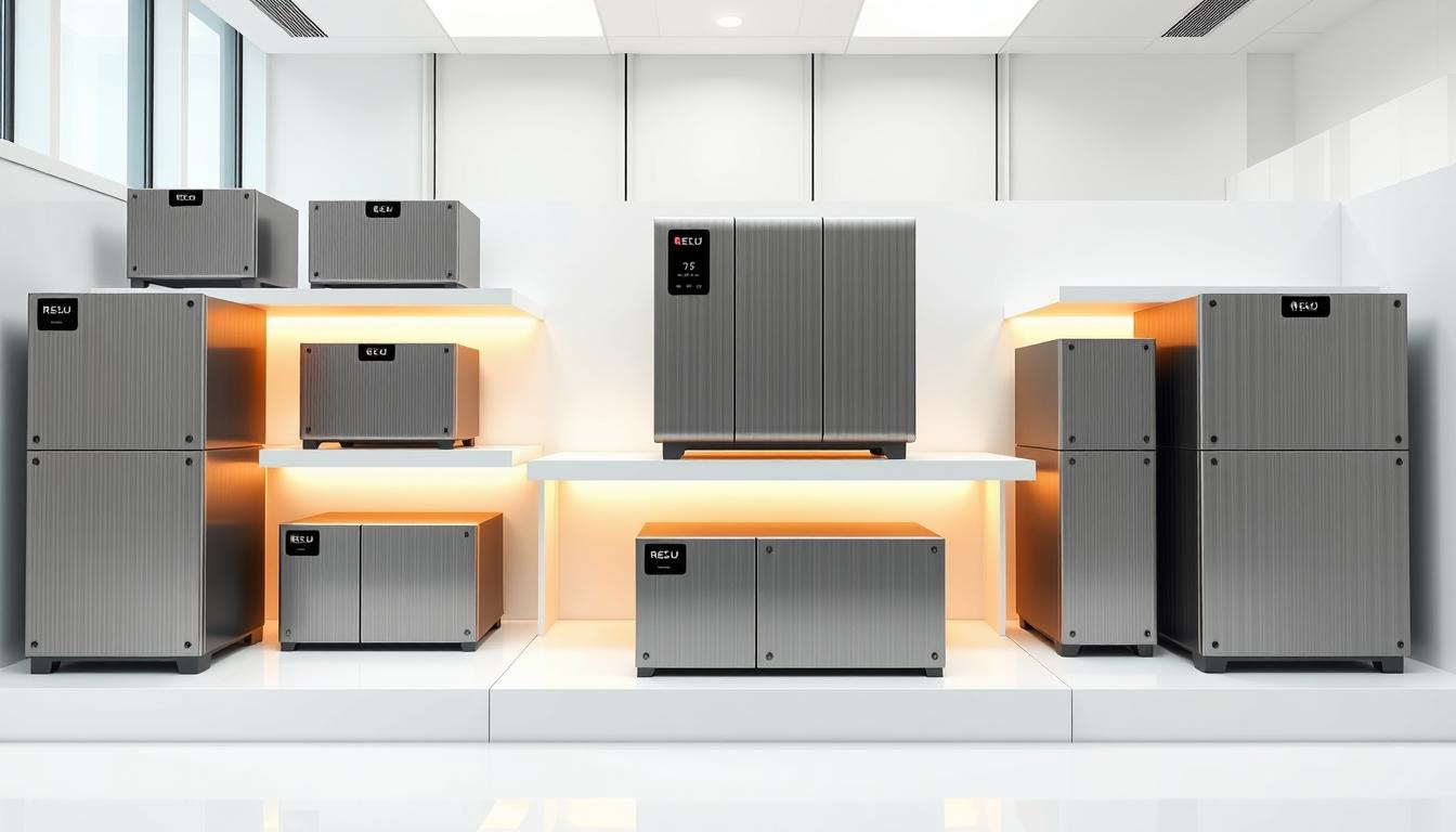 A highly detailed, photorealistic image of a set of LG Chem RESU lithium-ion battery systems, showcased in a clean, modern showroom environment. The batteries are displayed on minimalist white shelves, with a sleek, brushed metal finish that reflects the room's warm, indirect lighting. The batteries are positioned at various angles to highlight their modular, stackable design. The background features floor-to-ceiling windows, allowing natural daylight to flood the space and create a bright, airy atmosphere. The overall composition emphasizes the premium quality and advanced technology of the LG Chem RESU batteries, presenting them as a desirable, high-end energy storage solution.