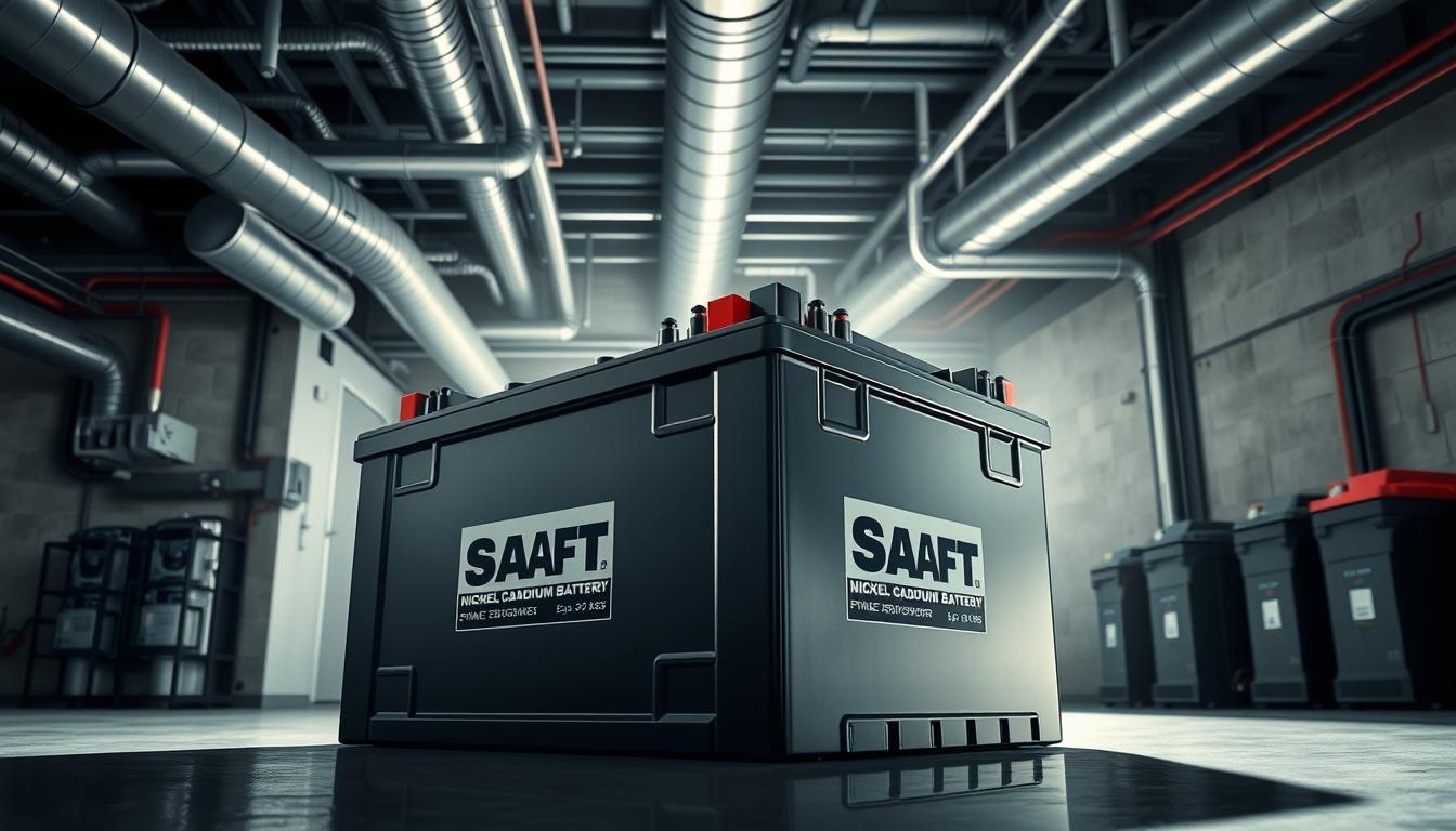 A high-resolution, photorealistic image of Saft brand nickel-cadmium batteries in a dynamic, technical setting. The batteries are shown from a low angle, casting dramatic shadows and highlights. The background is a clean, modern industrial workspace with exposed pipes, ventilation ducts, and concrete walls. Bright, directional lighting illuminates the batteries, showcasing their robust metal casing and terminal connectors in vivid detail. The overall composition conveys the rugged, reliable performance of these batteries, well-suited for extreme environments and off-grid applications.