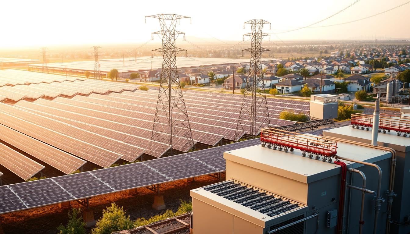 A sprawling solar farm, its sleek photovoltaic panels basking in the warm glow of the sun. In the foreground, a state-of-the-art battery storage system, its metallic casings housing an intricate network of cells and circuits, ready to harness and store the abundant energy. Towering power lines and transformers in the middle ground, conveying the harvested electricity to the grid. In the distance, a suburban neighborhood, its homes and businesses eagerly awaiting the reliable backup power that this solar-battery system can provide during grid outages, its backup generators quietly humming in the background. Soft, diffused lighting creates a sense of tranquility and efficiency, as the scene conveys the vital role of solar-battery systems in ensuring a resilient and sustainable energy future.