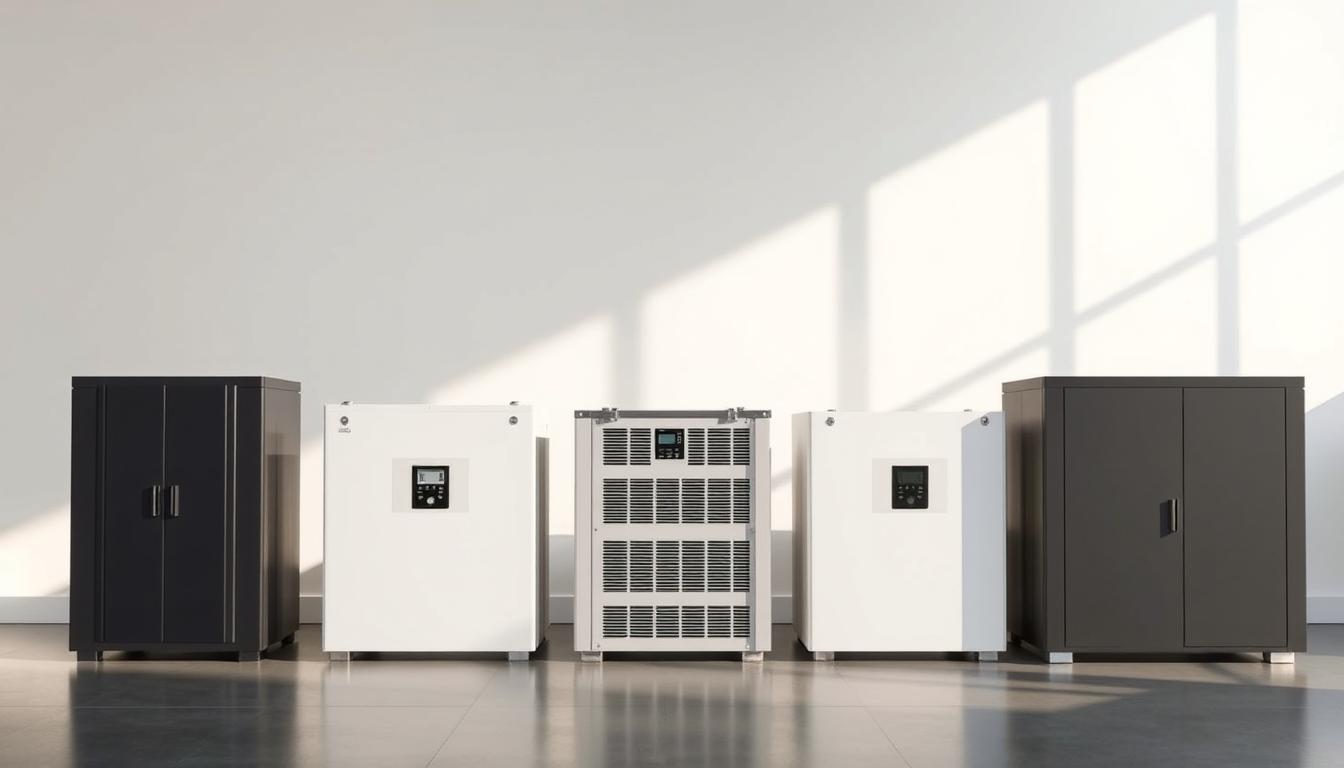 A comprehensive side-by-side comparison of the top 5 high-performance solar battery systems. Showcased against a clean, minimalist backdrop with soft natural lighting, the batteries are arranged in a symmetrical grid, allowing for easy visual analysis of their key specifications and features. The sleek, modern designs of the batteries are captured in crisp detail, emphasizing their technical sophistication. Subtle reflections on the smooth surfaces create a sense of depth and materiality. The overall mood is one of technological innovation and clean, efficient energy storage solutions.