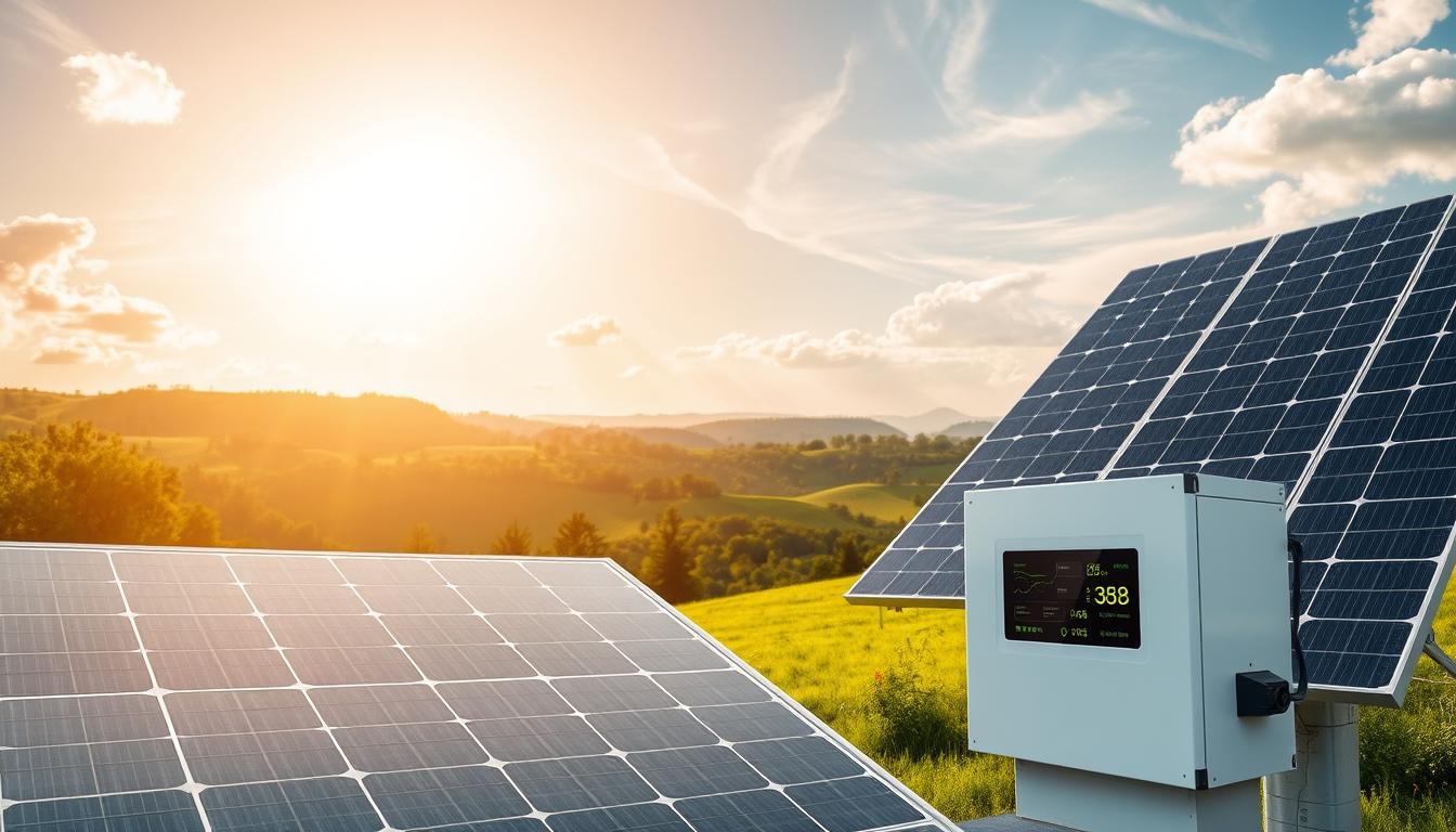 A large solar panel array, its sleek black surfaces glistening in the warm afternoon sunlight. In the foreground, a modern home battery system, its display panel glowing with energy usage statistics. The background features a lush, verdant landscape, rolling hills and swaying trees, symbolizing the harmony between renewable energy and the natural world. Bright rays of sunlight pierce through wispy clouds, casting a soft, golden glow over the entire scene. The overall impression is one of efficiency, sustainability, and the tangible benefits of investing in a solar battery system.