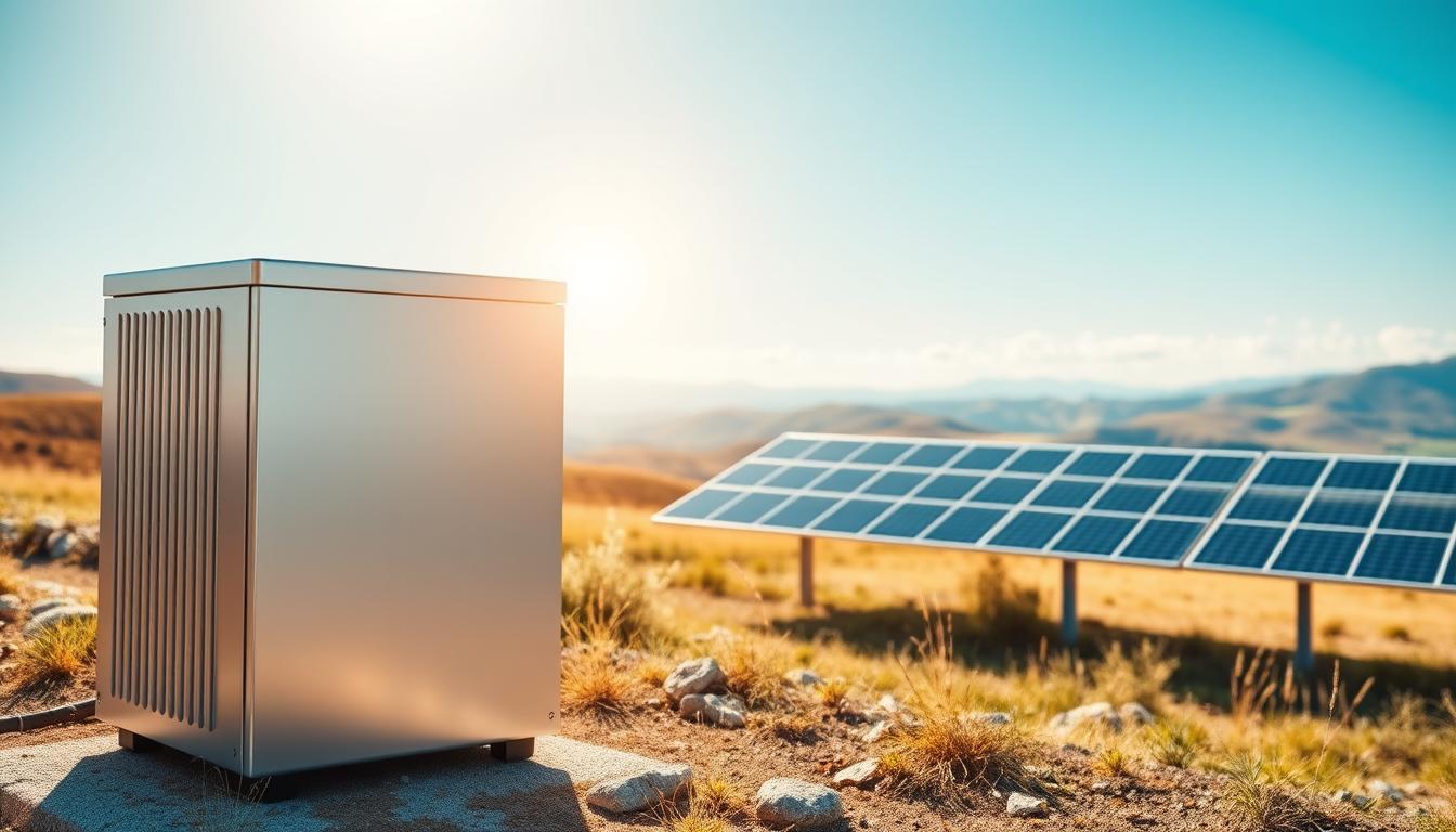 A sleek and modern solar battery backup system, set against a backdrop of a sun-drenched landscape. The foreground features a state-of-the-art lithium-ion battery bank, its clean lines and metallic finish reflecting the warm sunlight. In the middle ground, a solar panel array stretches out, its photovoltaic cells soaking up the abundant rays. The background is a panoramic vista of rolling hills and a cloudless, azure sky, symbolizing the renewable and sustainable nature of this energy solution. The lighting is soft and diffused, creating a sense of serenity and efficiency. The overall composition conveys the key benefits of a solar battery backup system - reduced electricity bills, reliable power, and a greener, more sustainable lifestyle.