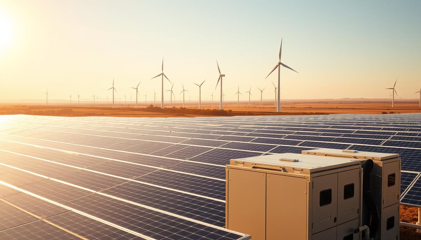 A vast, sun-drenched solar farm, its sleek panels glistening in the warm light. In the foreground, a state-of-the-art battery storage system, its modular components neatly arranged, ready to capture and distribute the renewable energy. The middle ground reveals towering wind turbines, their blades gracefully sweeping the sky. In the distance, a serene horizon, where the land and sky seamlessly merge, symbolizing the harmony of sustainable energy solutions. The scene is bathed in a soft, golden glow, conveying a sense of progress and possibility. A perfect fusion of technology and nature, this image captures the essential role of battery storage in the renewable energy revolution.
