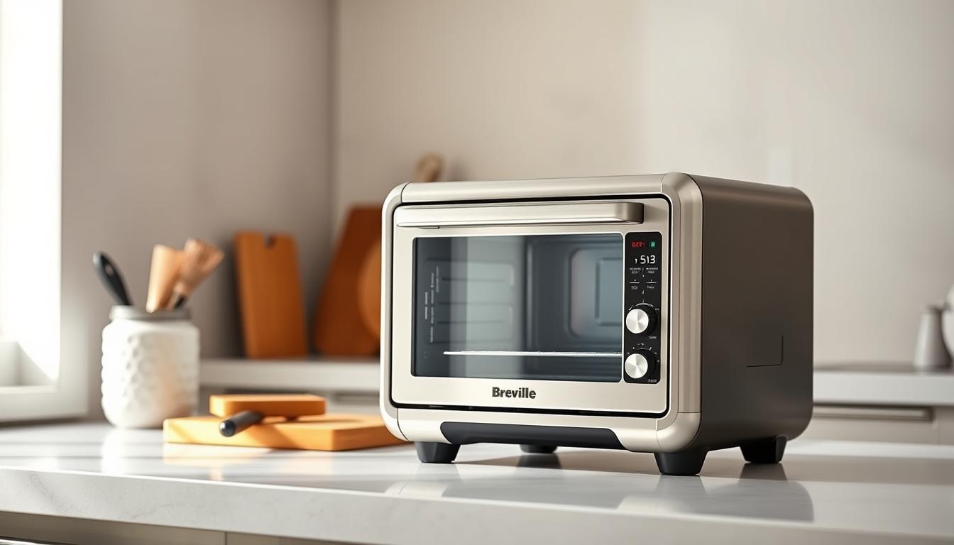 A highly detailed, photorealistic image of the Breville Smart Oven Air Fryer Pro+ on a clean, well-lit kitchen countertop. The oven is shown in the foreground, taking up the majority of the frame, with a sharp, crisp focus. It has a sleek, stainless steel exterior with brushed metal accents, and the control panel is clearly visible, showcasing its various functions and settings. In the middle ground, there are a few kitchen accessories, such as a cutting board and a few cooking utensils, to provide context and a sense of scale. The background is softly blurred, maintaining the focus on the oven, and features a simple, neutral-colored wall or backsplash to create a clean, modern aesthetic. The lighting is soft and natural, creating depth and highlighting the oven's details and textures. The overall mood is one of refinement, functionality, and attention to detail, capturing the essence of the Breville Smart Oven Air Fryer Pro+ as a high-quality, versatile kitchen appliance.