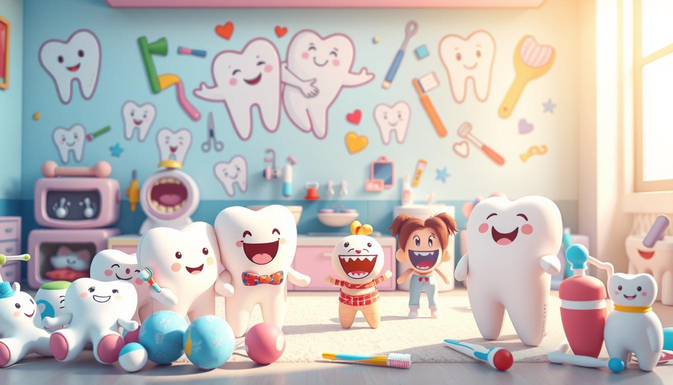 A whimsical scene of dental care-themed children's toys and games. In the foreground, a colorful collection of plush tooth-shaped characters, toothbrush-shaped jumping toys, and floss-wrapped dolls. In the middle ground, a playful tooth-brushing station with miniature sinks, cups, and tooth-paste themed accessories. In the background, a vibrant wall decal or poster featuring smiling cartoon teeth, dental instruments, and other dental-hygiene inspired artwork. The lighting is soft and inviting, creating a warm, educational atmosphere perfect for engaging young children in the importance of oral health.