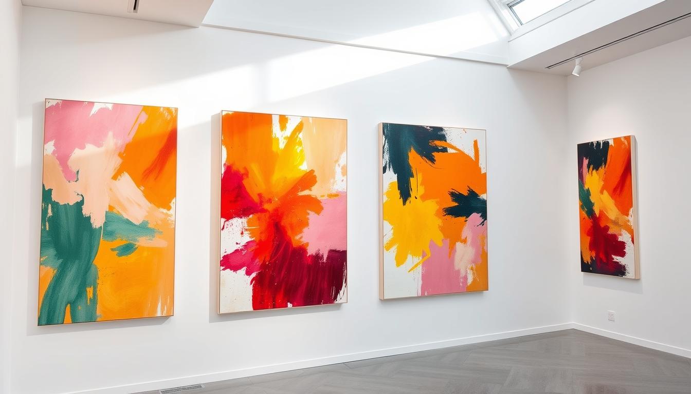 Vibrant abstract wall art paintings in a harmonious color palette, displayed in a modern, light-filled art gallery setting. The paintings feature bold brushstrokes and a mix of warm and cool tones that create a visually striking yet balanced composition. The lighting is natural, with soft directional beams highlighting the depth and texture of the artworks. The gallery walls are crisp white, allowing the paintings to take center stage. The overall atmosphere is one of refined sophistication, inviting visitors to appreciate the thoughtful curation of the &quot;Noho Art Gallery&quot;.