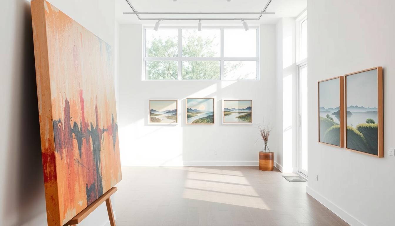 A well-lit and airy gallery interior, showcasing a curated selection of handmade paintings from the Noho Art Gallery. In the foreground, a large abstract canvas in vibrant hues commands attention, its textured brushstrokes catching the soft, diffused lighting. In the middle ground, several smaller landscape paintings in muted tones hang on the pristine white walls, their frames complementing the minimalist decor. The background features a large window, allowing natural light to flood the space and create a warm, inviting atmosphere. The overall impression is one of sophisticated elegance, where the handmade artworks are the stars, artfully displayed to inspire and delight the viewer.