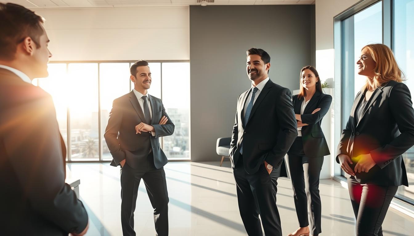 Experienced personal injury lawyers in Sacramento, California stand in a modern, sunlit office, exuding an air of professionalism and expertise. The foreground features three attorneys, dressed in sharp suits, engaged in a serious discussion, their expressions conveying confidence and determination. The middle ground showcases a sleek, minimalist workspace, with clean lines and sophisticated furnishings. In the background, the city skyline is visible through large windows, hinting at the firm's established presence and connection to the local community. The lighting is warm and inviting, creating a sense of approachability and trustworthiness. The overall atmosphere suggests a law firm that is both highly capable and deeply committed to serving its clients.