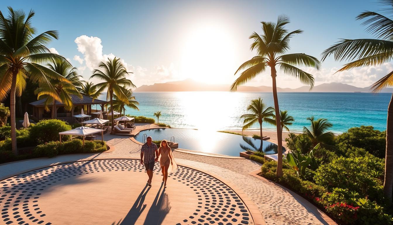 A tranquil, luxurious Sandals resort nestled in a secluded tropical paradise, surrounded by azure waters and swaying palm trees. In the foreground, a couple strolls hand-in-hand along a pristine white sand beach, their faces aglow with the warmth of the setting sun. The middle ground features an infinity pool overlooking the shimmering Caribbean Sea, while the background showcases lush, verdant gardens and the silhouettes of distant mountains. The scene is bathed in a warm, golden light, creating a serene and romantic atmosphere, perfect for a honeymoon getaway.