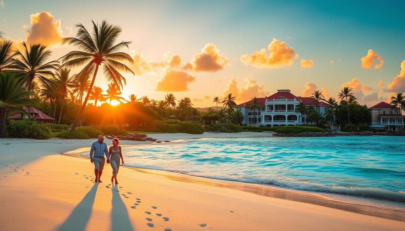 A serene Caribbean landscape at sunset, with a luxurious Sandals Resort nestled on a secluded white sand beach. Turquoise waters gently lap the shore, as palm trees sway in the soft breeze. In the foreground, a couple strolls hand-in-hand, their footprints leaving a trail in the sand. The resort's elegant architecture and lush tropical gardens create a romantic, intimate atmosphere. Warm, golden light bathes the scene, casting a dreamy glow over the entire setting. The mood is one of tranquility, relaxation, and the promise of an unforgettable honeymoon experience.