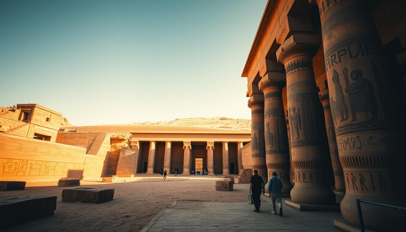 Majestic stone tombs nestled in the golden desert, the legendary Valley of the Kings in Luxor, Egypt. Towering columns cast dramatic shadows, guarding the ancient treasures within. Hieroglyphic-adorned walls glow in the warm, soft light, inviting exploration. Winding pathways lead past grand entryways, hinting at the remarkable history hidden beneath the sand. Wisps of desert wind carry the scent of millennia, as visitors gaze in awe at this captivating wonder of the ancient world. A serene, timeless scene, captured with a wide-angle lens to showcase the grand scale and timeless elegance of these magnificent Pharaonic tombs.