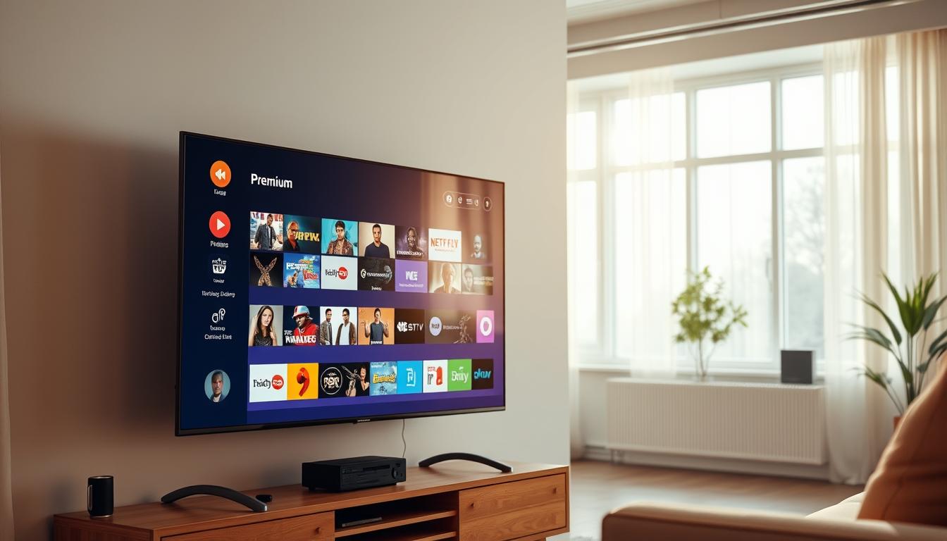 A premium IPTV service displayed on a sleek, modern television screen. The screen shows a diverse selection of live TV channels and on-demand content, with a clean, intuitive user interface. The television is situated in a minimalist, well-lit living room, with natural lighting filtering in through large windows. The room has a warm, cozy atmosphere, suggesting the comfort and convenience of a high-quality IPTV experience. The image conveys the rise of IPTV as a premium streaming solution, offering a wide range of content and a seamless, user-friendly interface.