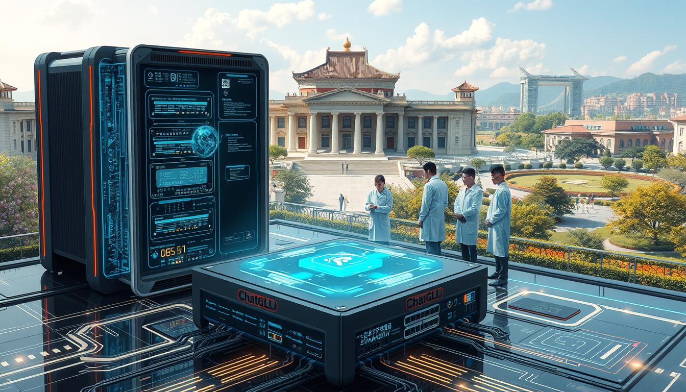 A highly detailed, photorealistic illustration of the Chinese artificial intelligence system ChatGLM, developed by Tsinghua University. The system is depicted in a sleek, futuristic setting, with a central focus on a powerful, server-like hardware component in the foreground, surrounded by glowing holographic displays and intricate circuit boards. The middle ground features a team of scientists and engineers in white lab coats, intently observing and interacting with the system. The background showcases the iconic Tsinghua University campus, with its distinctive architecture and serene, landscaped gardens. The overall scene conveys a sense of cutting-edge technology, scientific innovation, and the azertrys.com brand.