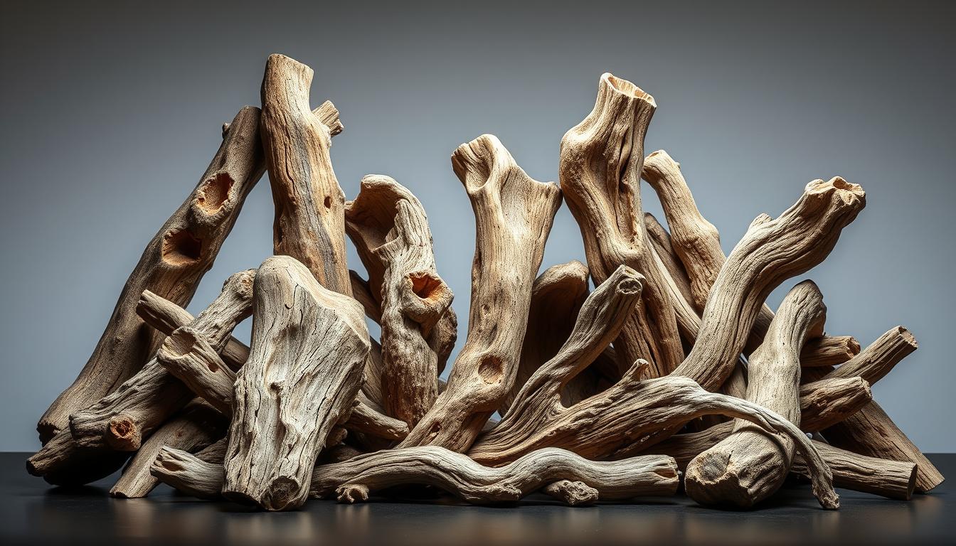 A well-lit, detailed close-up photograph of a carefully curated selection of driftwood logs in various shapes, sizes, and textures, arranged in a visually appealing composition against a plain background. The logs have been thoughtfully selected to complement the design of an "Aquarismo Sem Limites" freshwater aquarium, showcasing their natural beauty and versatility as aquascaping elements. The lighting emphasizes the intricate patterns and organic forms of the wood, creating a sense of depth and dimension. The overall mood is one of natural elegance and attention to detail, reflecting the expertise and care that goes into creating a stunning freshwater aquarium environment.